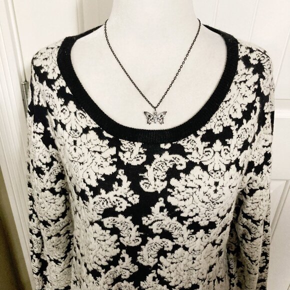 SPANNER Black creamy white damask pattern sweater ~ Goth LARGE XL 1X knit top - Picture 4 of 16